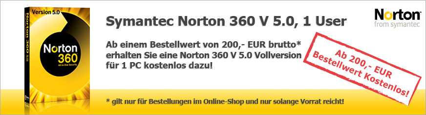 Symantec Norton 360 V 5.0, 1 User - Ab einem Bestellwert von 200,- EUR brutto* erhalten Sie eine Norton 360 V 5.0 Vollversion f&uuml;r 1 PC kostenlos dazu!